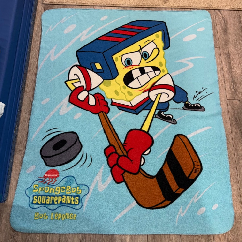 Vintage Nickelodeon SpongeBob SquarePants Hockey Fleece Throw Blanket Blue Y2K